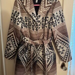 Geometric Patterned Brown and Black Women's Coat